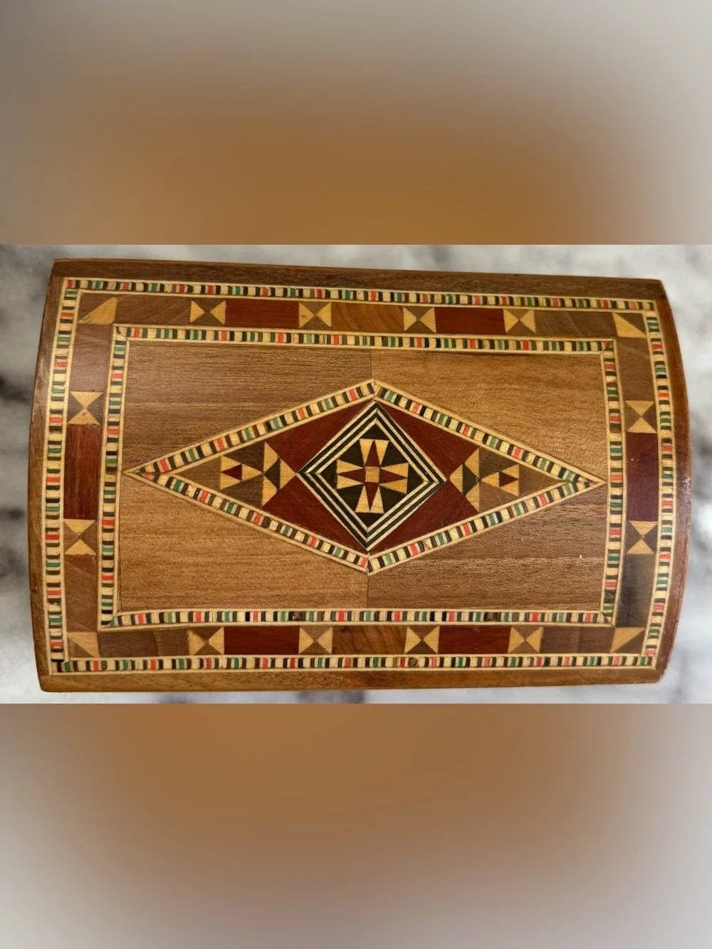 Vintage Geometric Mosaic Inlaid Wood Jewelry Box Red Velvet